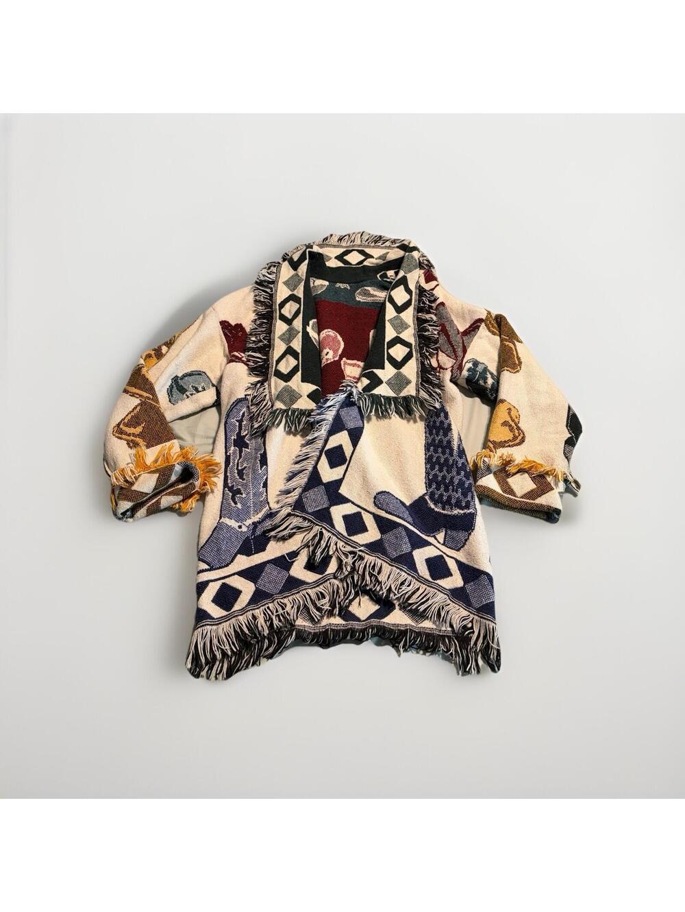 Cowboy Blanket Woven Cotton Tapestry Cardigan Open Jacket Fringe Pockets Boots